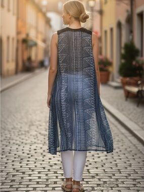 NEW•Vanilla Star Sheer Navy Printed Sleeveless Duster Vest• L